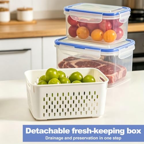 2 PCS Fruit Storage Containers for Fridge with Removable Colander, Leakproof Airtight Food Saver, Plastic Storage Organizer for Berry, Vegetable, Meat - Image 6