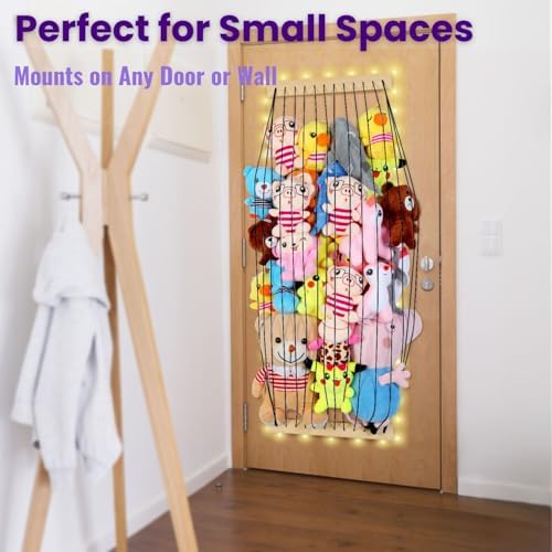 Stuffed Animal Storage Wood Soft Toy Storage for Kids Room，Wall Mount Door Hanging Stuffed Animal Toy Organizer Shelf for Nursery Play Room White with LED Coil -Patent - Image 5