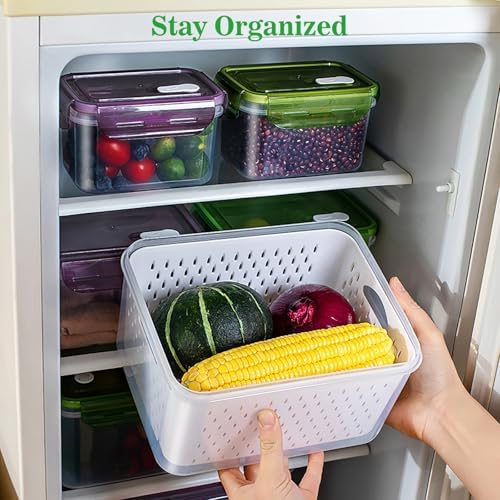 Fruit Storage Containers for Fridge with Removable Colander, Food Storage Containers with Lids, Dishwasher & Microwave Safe, Keep Berry Fruit Vegetable Meat Fresh Longer (Clear Body/Clear Lid) - Image 3