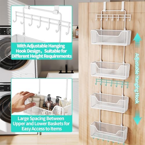 HapiRm Over Door Organizer Storage - Hanging Door Organizer with 4 Metal Large Capacity Baskets and Adjustable Coat Hook for Bathroom Bedroom Kitchen Pantry Closet Cabinet - Image 5