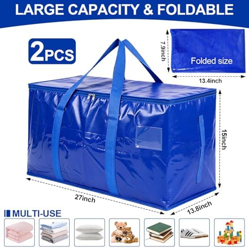 SenseYo 2 Pack Heavy Duty Packing Moving Bags Boxes Supports 200lbs Oversized Large Waterproof Clothes Storage Bags Totes with Zippers & Handle for College Supplies Home Organization Blue - Image 2
