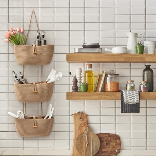 TeoKJ 3-Tier Cotton Rope Baskets with Button Strap Over the Door Wall Hanging Baskets for Nursery, Living Room, Bathroom, Door Storage Organizer for Decoration-Jute - Image 4