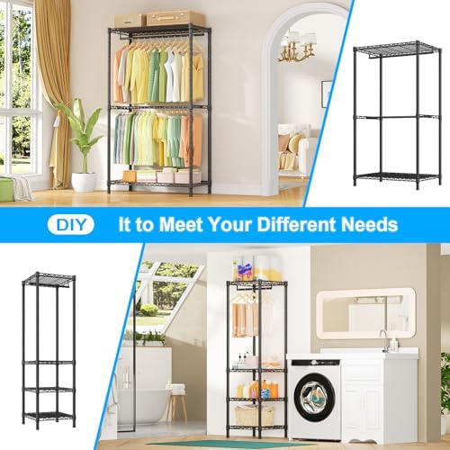 Ulif E10 Clothes Rack（With Stretchable Hanger Rod）Freestanding Clothing Racks for Hanging Clothes，Adjustable Closet Organizer System，Portable Garment Rack 73-97"W x 15" D x 72" H，Max Load 800LBS，Black - Image 6