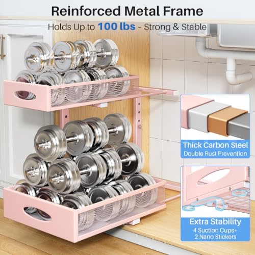 Under Sink Organizer, 2 Pack 2 Tier Pull Out Under Cabinet Organizer Shelf with Pad for Framed Cabinets, Metal Slide Out Under Sink Storage, Mesh Sliding Drawers for Kitchen Bathroom Laundry, Pink - Image 6