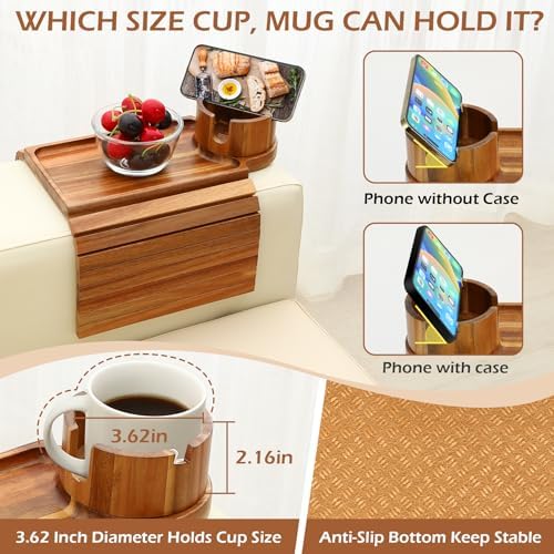 GHKINMAL Couch Cup Holder Tray,Sofa Arm Tray, Fits 6.3"+Wide,Acacia Wood - Image 4