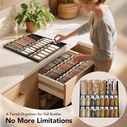 Spice Drawer Organizer 3-Tier Expandable (11"-22" Wide), Spice Rack for Cabinet with Funnel & Spice Labels, Fits Large Jars, Seasoning Storage Insert Design for Cabinet & Drawer (Black) - Image 6
