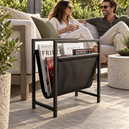Modern Magazine Rack for Living Room and Office | Freestanding Metal and Leather Magazine Holder | Contemporary Storage Organizer for Books, Newspapers | Minimalist Home and Lounge Decor (Black) by GRANDMIX