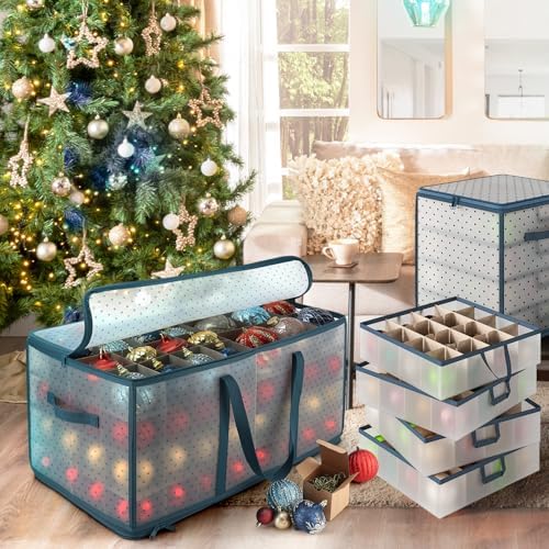 Large Christmas Ornament Storage Box With Adjustable Dividers - Plastic Ornament Storage Container For 128 Holiday Ornaments or Decorations - By Hearth & Harbor - Image 4