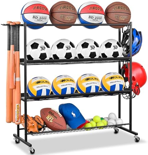 4-Tier Basketball Rack with Wheels, Ball Storage Organizer for Garage by Mythinglogic