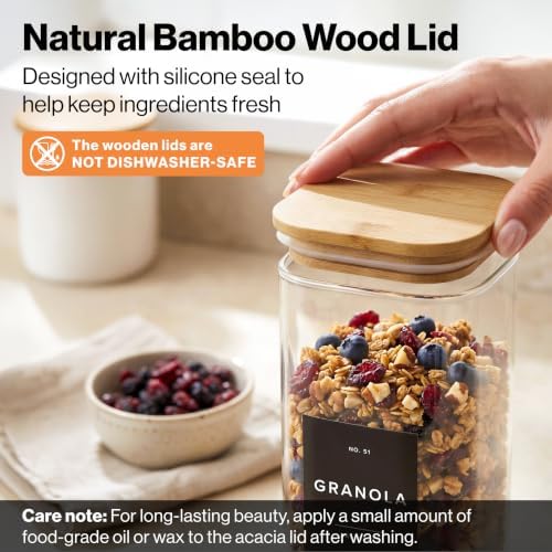Glass Pantry Storage Jars Containers with Bamboo Lids and Labels - Set of 5 - Image 5