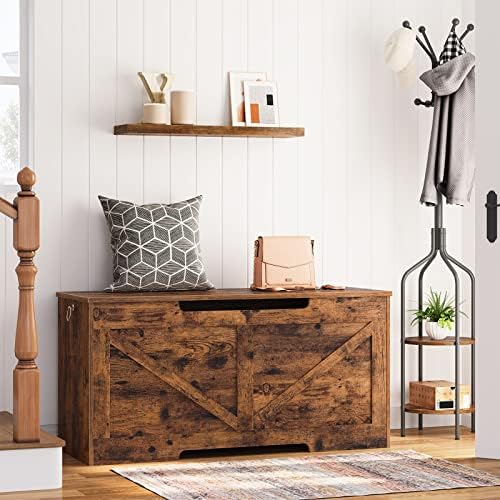 HOOBRO Storage Bench, 39.4” Retro Wooden Storage Chest with U-Shaped Cut-Out Pull, Safety Hinge, Supports 330 lb and Easy Assembly for Toy Box Organizer (Rustic Brown) BF771CW01G1 - Image 6