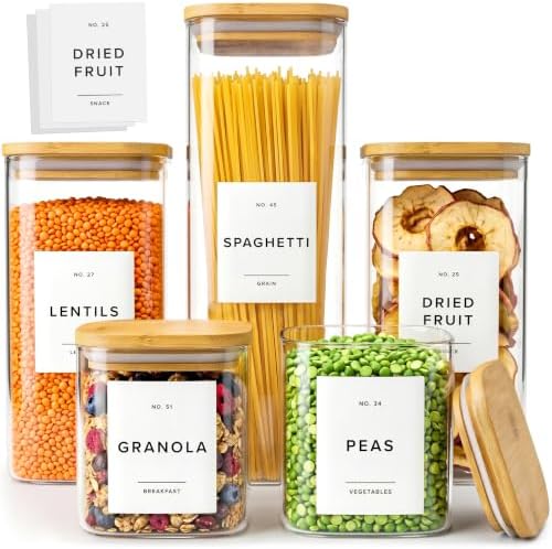 Glass Pantry Storage Jars Containers with Bamboo Lids and Labels - Set of 5 by EDELHAUS
