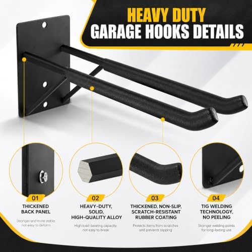 14" Large Heavy Duty Garage Hooks, Steel Garage Storage Hooks with Support Rods, Utility Wall Mount Hangers for Power Tools, Car Tires, Ladders, Chairs, Garden Tools and More (2-Pack 14" Heavy Hooks) - Image 2
