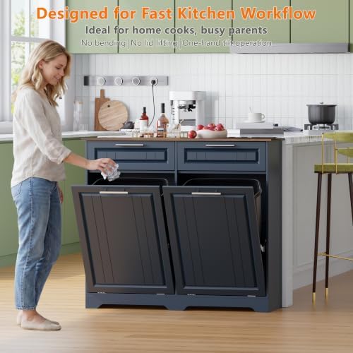 Double 10 Gallon Tilt Out Trash Can Cabinet with Deodorizing Function and Power Outlet, Wooden Hidden Garbage Can Holder with 2 Storage Drawers for Kitchen, Laundry Hamper Cabinet for Bathroom, Blue - Image 7