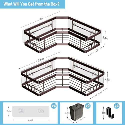 AKTECKE Shower Caddy Corner Organizer: 2Pack Adhesive Shower Shelf Essentials - No Drilling Stainless Steel Bathroom Storage Rack with Hooks and Toothpaste Holder - Image 4