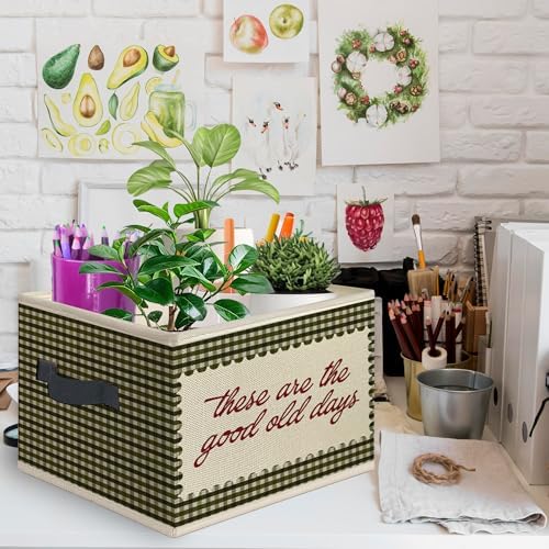Inspirational These Are the Good Old Days Foldable Storage Bins Box with Handles, Green Gingham Plaid Motivational Collapsible Toys Books Clothes Organizer Basket for Kids Bedroom Bathroom - Image 2