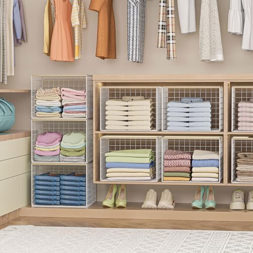 Extra-Long Closet Organizers and Storage with Top Board, 3 Pack Stackable Closet Shelf Organizer, Double Storage Design, Clothes Storage Cube/Bin/Basket for Wardrobe, Space-Saving, White,Sturdy,Metal - Image 6