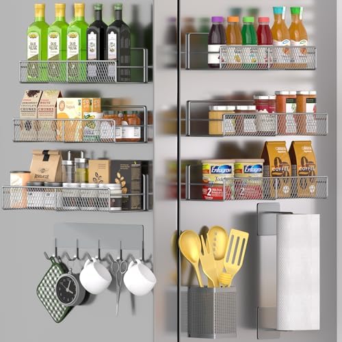 Magnetic Spice Rack for Refrigerator, 10 Pack 100% Metal Strong Magnet Shelf, Moveable Spice Organizer W/ Adjustable Paper Towel Holder, Hook Rack & Utensil Caddy, Home Kitchen Laundry Storage, Grey by DTUQYX