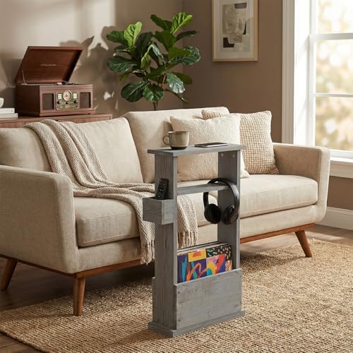 MyGift Narrow Side Table Gray Wood Slim End Table with Storage Shelf - Image 2
