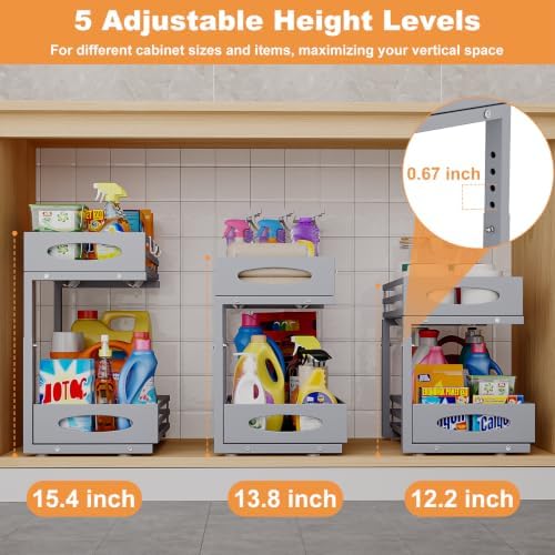 Under Sink Organizer, 2 Tier Under Sink Organizers and Storage, Adjustable Height, Slide out Metal Cabinet Organizers, Pull out Cabinet Storage Drawer Shelf for Kitchen Bathroom (Gray, 2 Pack) - Image 6