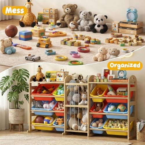 Toy Storage Organizer with Stuffed Animal Storage, 66.1"W Multi Color, 2-Shelf Bookcase / Bookshelf with 12 Toy Bins, Large Toy Organizers and Storage, Toy Box for Playrooms, Bedrooms Organization - Image 5