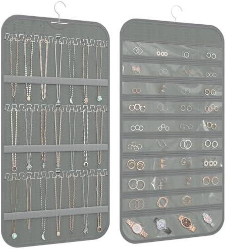 Double-Sided Hanging Jewelry Organizer for Necklaces Earrings, 2-Pack, Grey by DonYeco