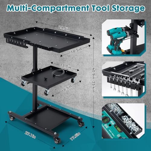 OLBRUS 3-Tier Rolling Work Table, Adjustable Height Tool Cart with Wheels - Image 3