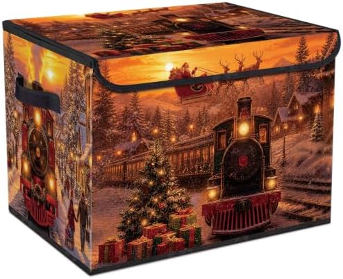 Briwooody Christmas Storage Bin with Lid and Carrying Handle Christmas Train Foldable Storage Box Large Xmas Snowy Night Decorative Collapsible Container Basket for Organizing Closet Home Bedroom by Briwooody