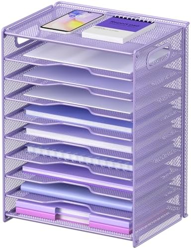 OUTWOLF 10 Tier Paper Organizer - Letter Tray Mesh Desk File Organizer with Handles for Office School Desktop, Purple by OUTWOLF