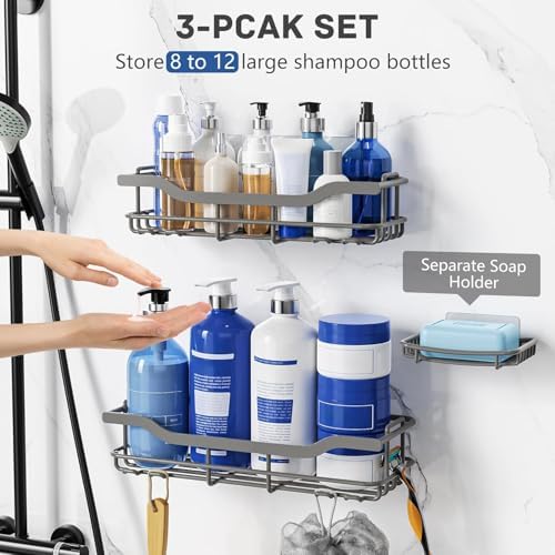 OMAIRA 3-Pack Shower Caddy with Soap Holder, Adhesive Rustproof No-drill Strudy Loading Inside Shower Organizer Shelves Rack Storage Bathroom Organization for Smooth Wall Glass Tile, Grey (XX-Large) - Image 4