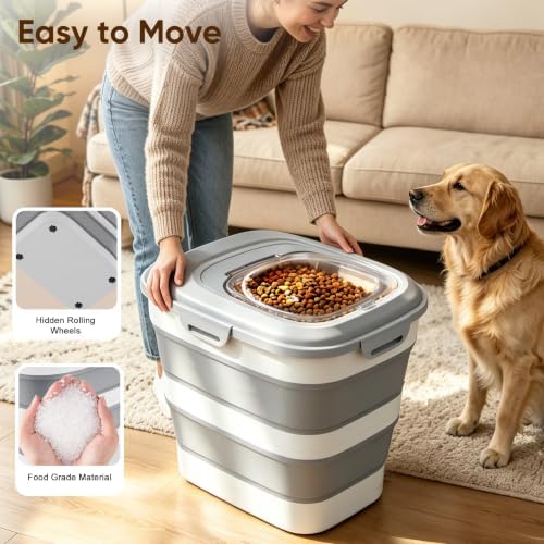 Rice Storage Container, 20 to 50Lbs Collapsible Airtight Rice Container, 30 Lbs Dog Food Storage Container with Wheels, Cup and Scoop, Food Dispenser Bin for Flour, Cereal, Flour, Cat, Bird, Pet - Image 5
