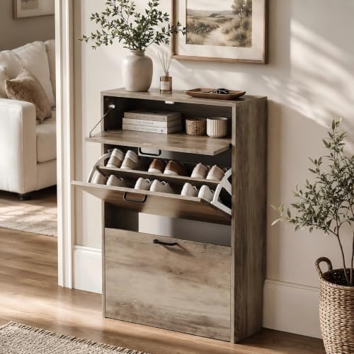 VINGLI Shoe Cabinet Storage for Entryway,Washed Grey Narrow Shoe Rack,25" W by VINGLI