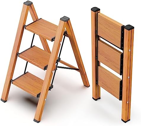 WOA WOA 3 Step Ladder, Foldable Step Stool, 300lbs Load, Wood Grain by WOAWOAHOME