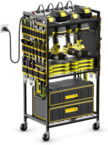 JUNNUJ Power Tool Organizer Cart with Charging Station, 6 FT Cord, Yellow by JUNNUJHome