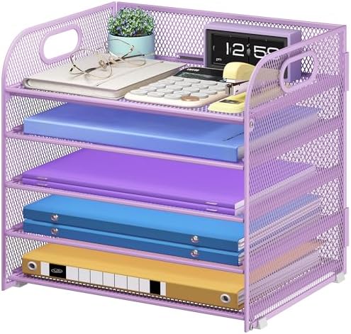 Cawukege 5 Tier Paper Organizer with Handle, Metal Mesh Desk Organizer File Folder Paper Letter Tray Desktop Document Sorter for Classroom, School, Office Accessories Organization and Storage - Purple by Cawukege