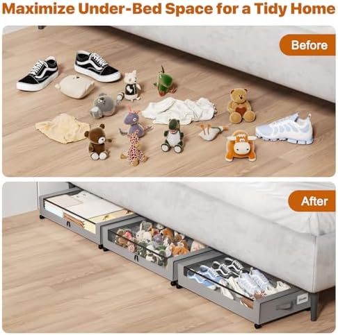 Under Bed Storage with Wheels,XXL 60L Under Bed Storage Containers with Clear Lids, Rolling Under Bed Metal Drawer for Clothes, Shoes,Toys(Gray, 2 Pack) - Image 6