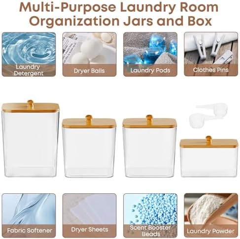 COAZEX 4 Pack Clear Laundry Pods Container & Dryer Sheet Holder,Bamboo Lids - Image 5
