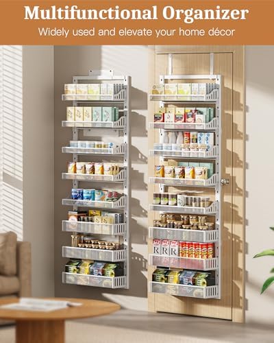 POKIPO Over the Door Pantry Organizer 8-Tier, Large Metal Door Spice Rack with Adjustable Basket, 2 in 1 Wall Mount or Hanging Heavy-Duty Pantry Door Storage Shelf for Kitchen and Bathroom, White - Image 4