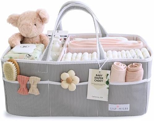 Lily Miles Baby Diaper Caddy - Organizer Tote Bag for Baby Girl Essentials - Baby Shower Basket - Nursery Must Haves - Registry Favorites - Newborn Caddie Car Travel - Gray/Blush, Extra Large by LilyMiles