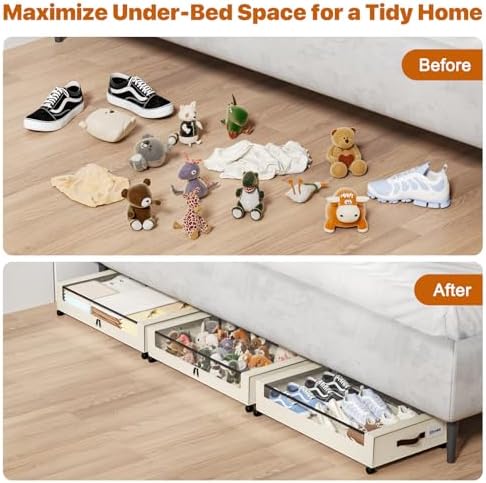 Under Bed Storage with Wheels,XXL 60L Under Bed Storage Containers with Clear Lids, Rolling Under Bed Metal Drawer for Clothes, Shoes,Toys (White, 2 Pack) - Image 6