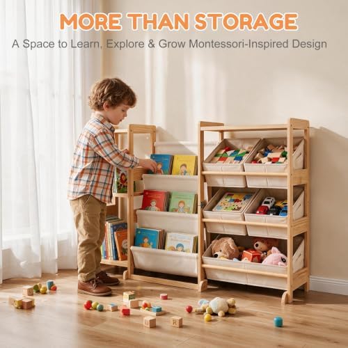 Kids Bookshelf & Toy Storage Organizer with 5 White Bins - Image 4
