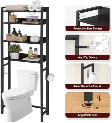 MAHANCRIS Over The Toilet Storage Rack, 4 Tier Bathroom Organizer Over Toilet, Freestanding Space Saver Toilet Stand with 2 Hooks, Bathroom Storage Shelf, Easy to Assemble, Black TSHB0401 - Image 6