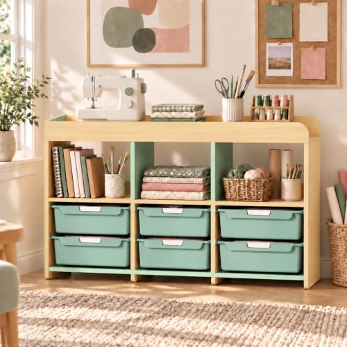 APEXCHASER Toy Storage Organizer with 6 White Bins - Wooden Playroom Storage Cabinet for Toys, Books & Art Supplies, Green - Image 6