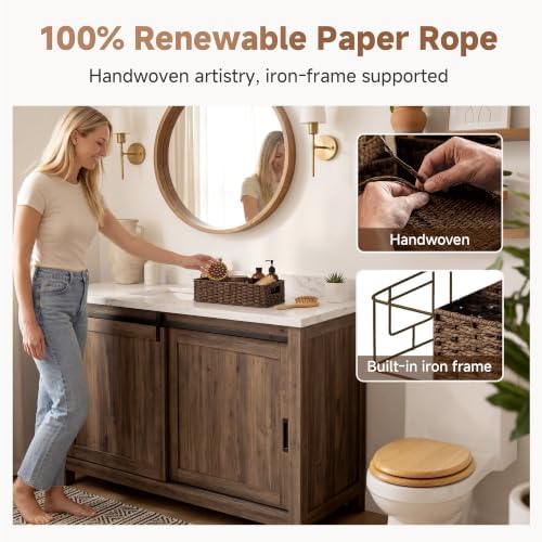 StorageWorks Toilet Tank Tray, Brown Round Paper Rope Bathroom Baskets for Organizing, Toilet Tank Basket, Toilets Organizer with Built-in Handles, 14 ¼"L x 6 ¾"W x 3 ¾"H, 1 Pack - Image 3
