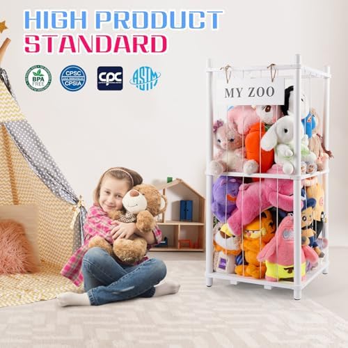 GLDZI Stuffed Animal Storage Zoo, Wooden Stuffed Animal Organizer with Elastic Cords for Boys Girls, Space Saving Toy Plushies Storage Holder for Playroom, Bedroom, Living Room (White, Small) - Image 3