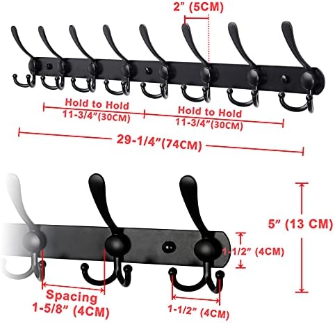 Dseap Coat Rack Wall Mount - 29.5” Long 8-Tri-Hooks Heavy Duty Coat Hanger Rail Wall Hooks for Hanging Coats Hats Clothing Clothes Purse Mudroom Entryway, Black, Pack of 2 - Image 7