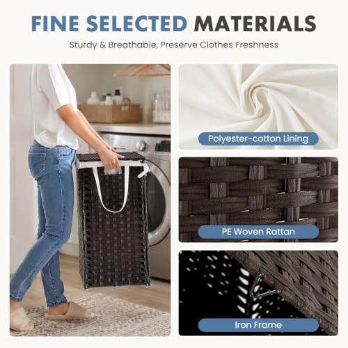 DUMOS Laundry Basket with Lid, 65L Wicker Laundry Hampers, Chestnut Brown - Image 3