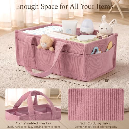 Corduroy Baby Diaper Caddy Organizer with Handles, Nursery Storage Basket - Image 2