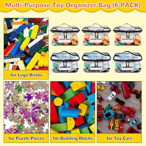 Tesuko 6 Pack Clear Toy Storage Bag with Name Tag& Manual Pocket, Waterproof Transparent PVC Toy Organizer Case for Lego Bricks, Board Games, Building Blocks, Puzzles (Large Capacity, Black) - Image 5