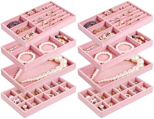 8 Pcs Jewelry Drawer Organizers, Velvet Jewelry Trays for Drawer, Stackable Jewelry Trays, Ideal for Rings, Earrings, Bracelets, Necklaces, Pink by Toyosport